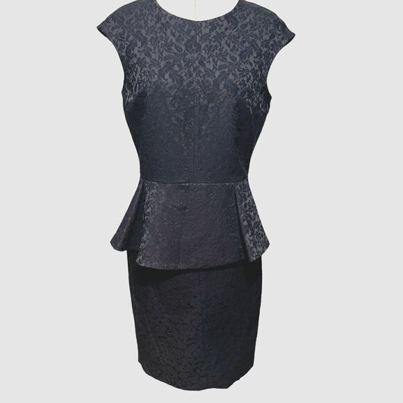 ZARA Basic Black Jacquard Pencil Sheath Dress Women Medium Peplum Cocktail Party - Picture 3 of 12